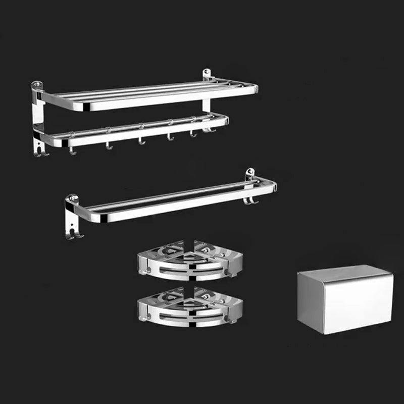 Contemporary Style Silver Metal Bathroom Accessory as Individual or as a Set Adhesive Mount 5-Piece Set (Triangle Bath Shelf) Clearhalo 'Bathroom Hardware Sets' 'Bathroom Hardware' 'Bathroom Remodel & Bathroom Fixtures' 'bathroom_hardware_sets' 'Home Improvement' 'home_improvement' 'home_improvement_bathroom_hardware_sets' 6998112