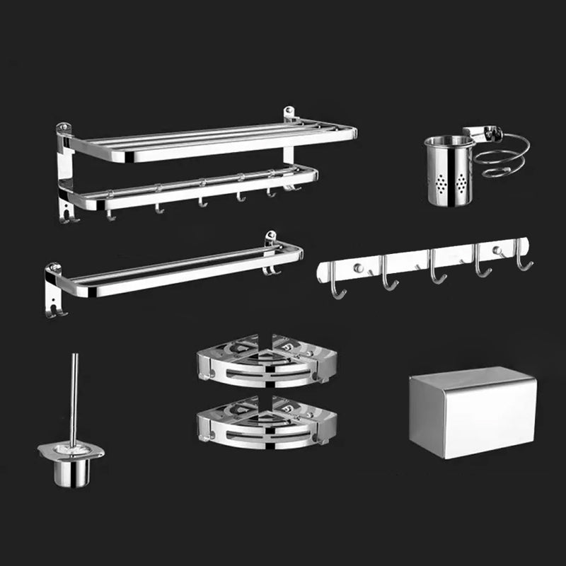 Contemporary Style Silver Metal Bathroom Accessory as Individual or as a Set Adhesive Mount 8-Piece Set Clearhalo 'Bathroom Hardware Sets' 'Bathroom Hardware' 'Bathroom Remodel & Bathroom Fixtures' 'bathroom_hardware_sets' 'Home Improvement' 'home_improvement' 'home_improvement_bathroom_hardware_sets' 6998114