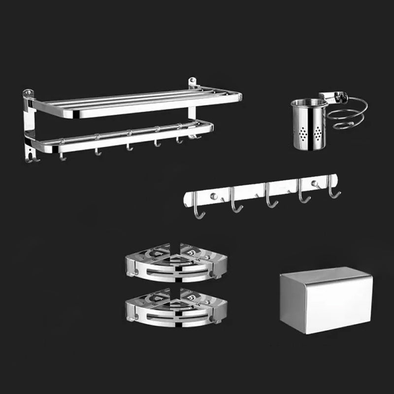 Contemporary Style Silver Metal Bathroom Accessory as Individual or as a Set Adhesive Mount 6-Piece Set (Hair Dryer Holder) Clearhalo 'Bathroom Hardware Sets' 'Bathroom Hardware' 'Bathroom Remodel & Bathroom Fixtures' 'bathroom_hardware_sets' 'Home Improvement' 'home_improvement' 'home_improvement_bathroom_hardware_sets' 6998115