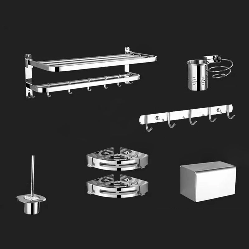 Contemporary Style Silver Metal Bathroom Accessory as Individual or as a Set Adhesive Mount 7-Piece Set (Triangle Bath Shelf) Clearhalo 'Bathroom Hardware Sets' 'Bathroom Hardware' 'Bathroom Remodel & Bathroom Fixtures' 'bathroom_hardware_sets' 'Home Improvement' 'home_improvement' 'home_improvement_bathroom_hardware_sets' 6998116