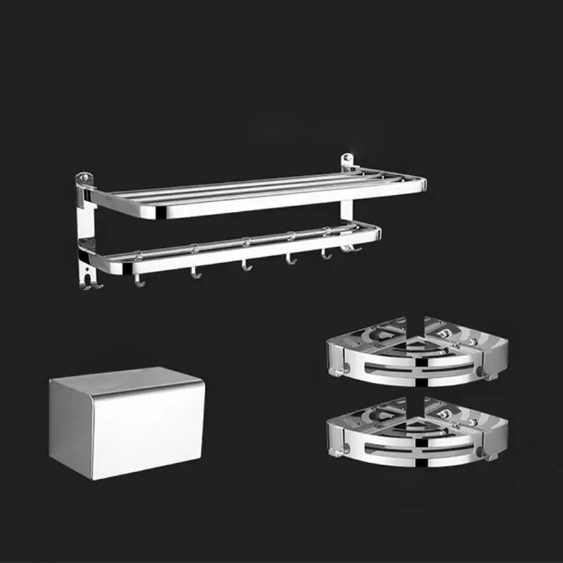 Contemporary Style Silver Metal Bathroom Accessory as Individual or as a Set Adhesive Mount 4-Piece (Towel Rack) Clearhalo 'Bathroom Hardware Sets' 'Bathroom Hardware' 'Bathroom Remodel & Bathroom Fixtures' 'bathroom_hardware_sets' 'Home Improvement' 'home_improvement' 'home_improvement_bathroom_hardware_sets' 6998117