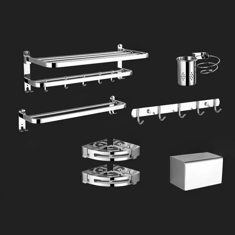 Contemporary Style Silver Metal Bathroom Accessory as Individual or as a Set Adhesive Mount 7-Piece Set (Hook) Clearhalo 'Bathroom Hardware Sets' 'Bathroom Hardware' 'Bathroom Remodel & Bathroom Fixtures' 'bathroom_hardware_sets' 'Home Improvement' 'home_improvement' 'home_improvement_bathroom_hardware_sets' 6998118