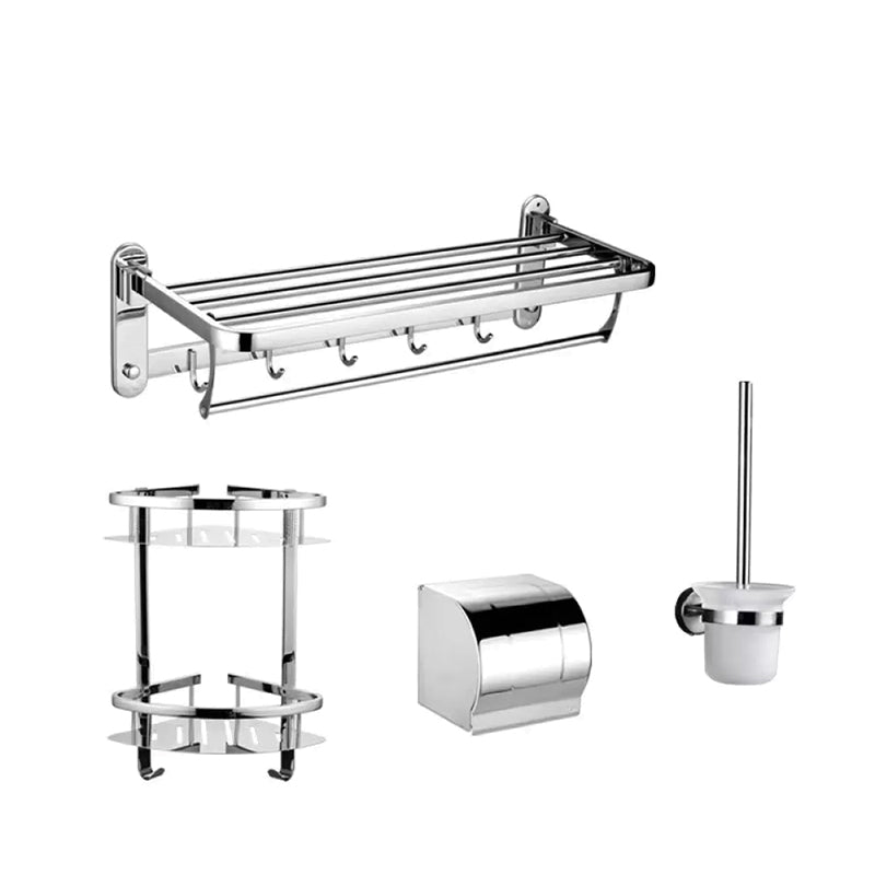 Contemporary Style Silver Metal Bathroom Accessory as Individual or as a Set Drill and Screw mount 4-Piece Set (Triangular Bath Shelf) Clearhalo 'Bathroom Hardware Sets' 'Bathroom Hardware' 'Bathroom Remodel & Bathroom Fixtures' 'bathroom_hardware_sets' 'Home Improvement' 'home_improvement' 'home_improvement_bathroom_hardware_sets' 6998120