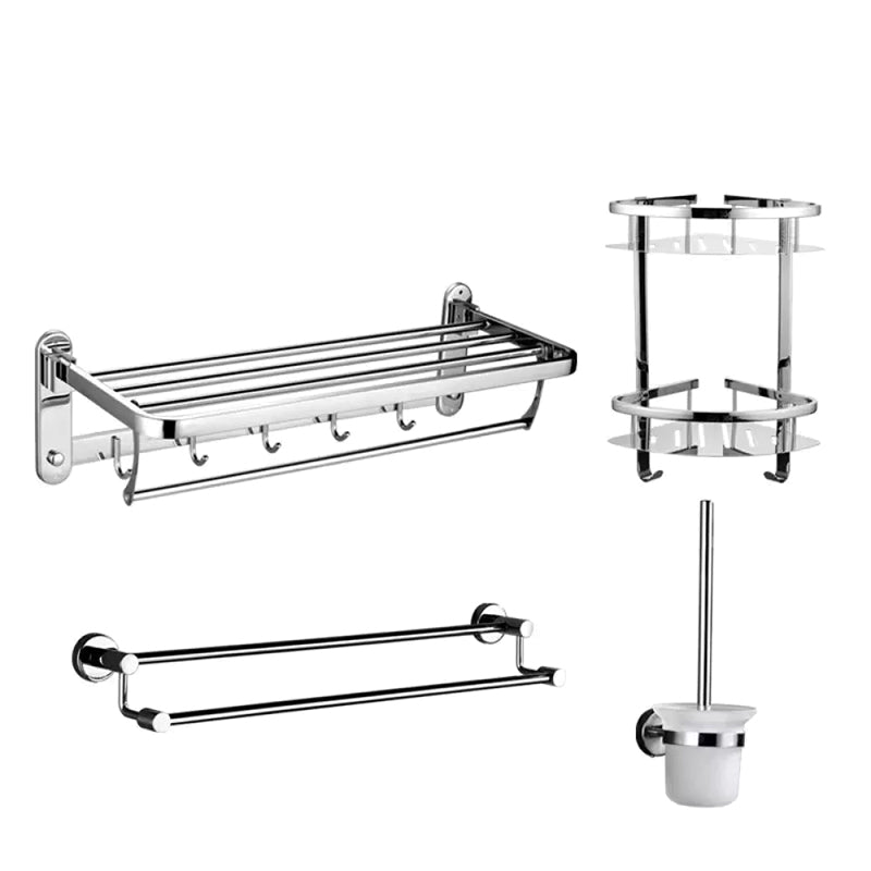 Contemporary Style Silver Metal Bathroom Accessory as Individual or as a Set Drill and Screw mount 4-Piece Set (Double Rods) Clearhalo 'Bathroom Hardware Sets' 'Bathroom Hardware' 'Bathroom Remodel & Bathroom Fixtures' 'bathroom_hardware_sets' 'Home Improvement' 'home_improvement' 'home_improvement_bathroom_hardware_sets' 6998122
