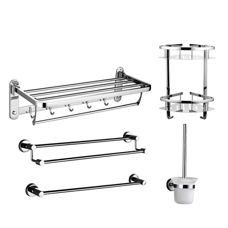 Contemporary Style Silver Metal Bathroom Accessory as Individual or as a Set Drill and Screw mount 5-Piece Set (Single Rod) Clearhalo 'Bathroom Hardware Sets' 'Bathroom Hardware' 'Bathroom Remodel & Bathroom Fixtures' 'bathroom_hardware_sets' 'Home Improvement' 'home_improvement' 'home_improvement_bathroom_hardware_sets' 6998123