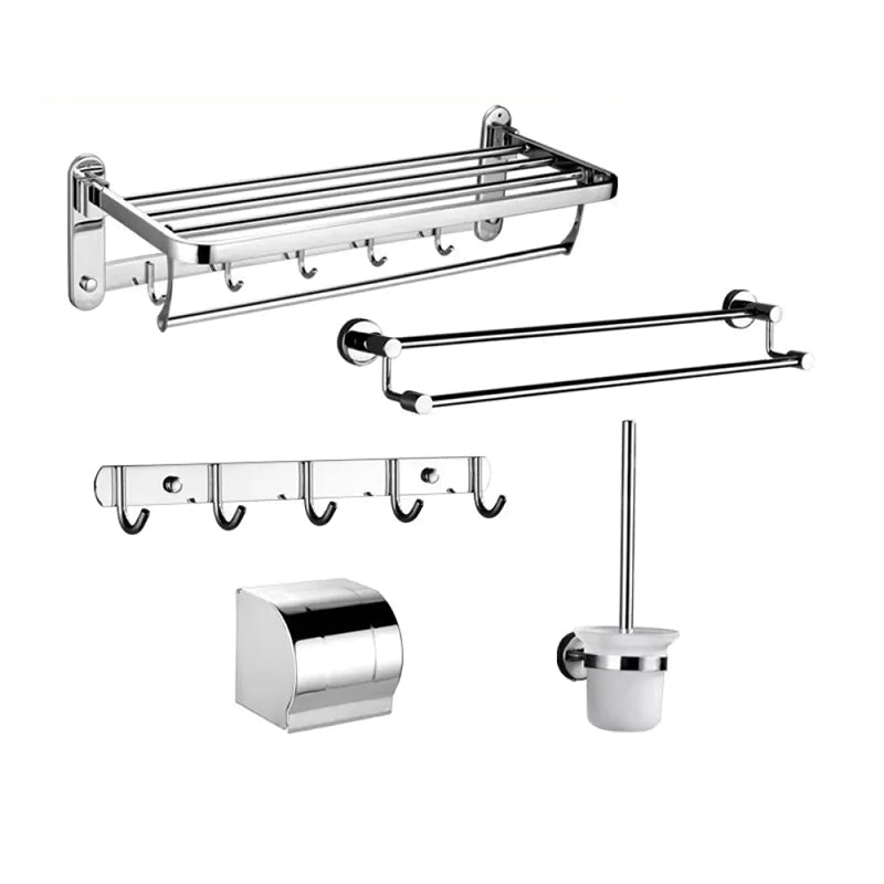 Contemporary Style Silver Metal Bathroom Accessory as Individual or as a Set Drill and Screw mount 5-Piece Set (Double Rods) Clearhalo 'Bathroom Hardware Sets' 'Bathroom Hardware' 'Bathroom Remodel & Bathroom Fixtures' 'bathroom_hardware_sets' 'Home Improvement' 'home_improvement' 'home_improvement_bathroom_hardware_sets' 6998124