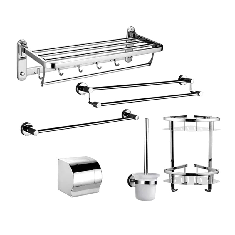 Contemporary Style Silver Metal Bathroom Accessory as Individual or as a Set Drill and Screw mount 6-Piece Set (Single Rod) Clearhalo 'Bathroom Hardware Sets' 'Bathroom Hardware' 'Bathroom Remodel & Bathroom Fixtures' 'bathroom_hardware_sets' 'Home Improvement' 'home_improvement' 'home_improvement_bathroom_hardware_sets' 6998125