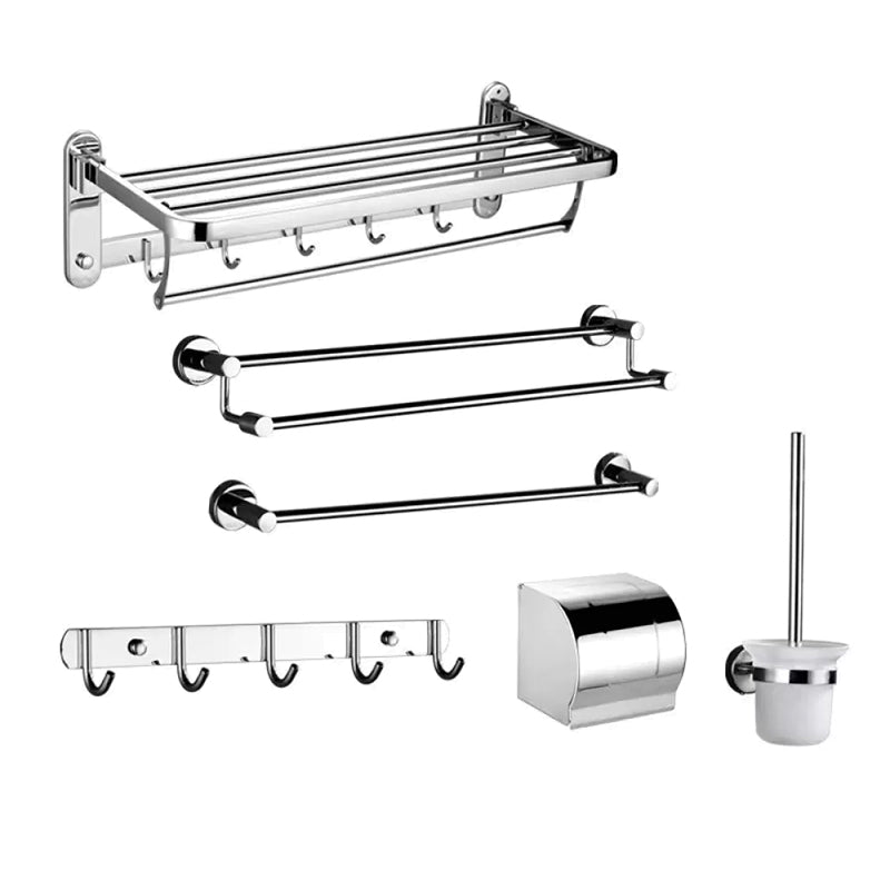 Contemporary Style Silver Metal Bathroom Accessory as Individual or as a Set Drill and Screw mount 6-Piece Set (Double Rods) Clearhalo 'Bathroom Hardware Sets' 'Bathroom Hardware' 'Bathroom Remodel & Bathroom Fixtures' 'bathroom_hardware_sets' 'Home Improvement' 'home_improvement' 'home_improvement_bathroom_hardware_sets' 6998126