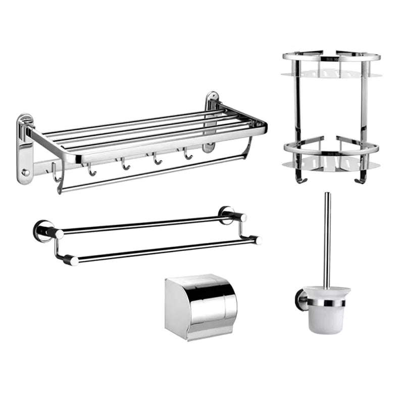 Contemporary Style Silver Metal Bathroom Accessory as Individual or as a Set Drill and Screw mount 5-Piece Set (Toilet Paper Holder) Clearhalo 'Bathroom Hardware Sets' 'Bathroom Hardware' 'Bathroom Remodel & Bathroom Fixtures' 'bathroom_hardware_sets' 'Home Improvement' 'home_improvement' 'home_improvement_bathroom_hardware_sets' 6998128