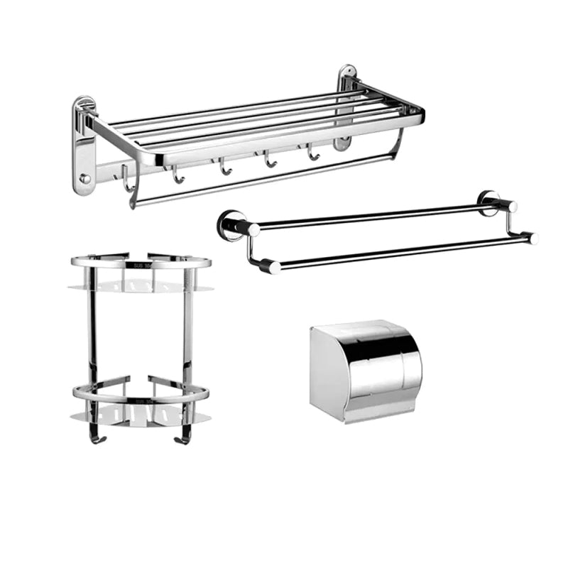 Contemporary Style Silver Metal Bathroom Accessory as Individual or as a Set Drill and Screw mount 4-Piece Set (Toilet Paper Holder) Clearhalo 'Bathroom Hardware Sets' 'Bathroom Hardware' 'Bathroom Remodel & Bathroom Fixtures' 'bathroom_hardware_sets' 'Home Improvement' 'home_improvement' 'home_improvement_bathroom_hardware_sets' 6998130