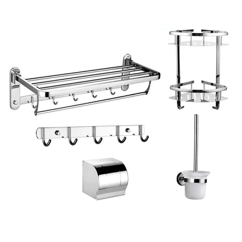 Contemporary Style Silver Metal Bathroom Accessory as Individual or as a Set Drill and Screw mount 5-Piece Set (Row Hook) Clearhalo 'Bathroom Hardware Sets' 'Bathroom Hardware' 'Bathroom Remodel & Bathroom Fixtures' 'bathroom_hardware_sets' 'Home Improvement' 'home_improvement' 'home_improvement_bathroom_hardware_sets' 6998132
