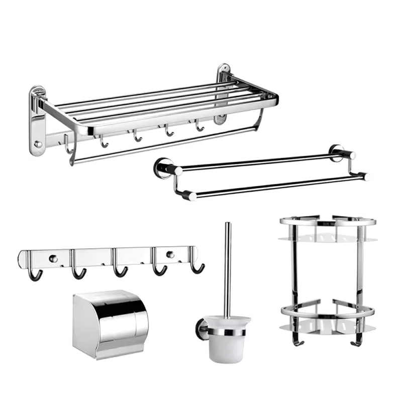 Contemporary Style Silver Metal Bathroom Accessory as Individual or as a Set Drill and Screw mount 6-Piece Set (Row Hook) Clearhalo 'Bathroom Hardware Sets' 'Bathroom Hardware' 'Bathroom Remodel & Bathroom Fixtures' 'bathroom_hardware_sets' 'Home Improvement' 'home_improvement' 'home_improvement_bathroom_hardware_sets' 6998133