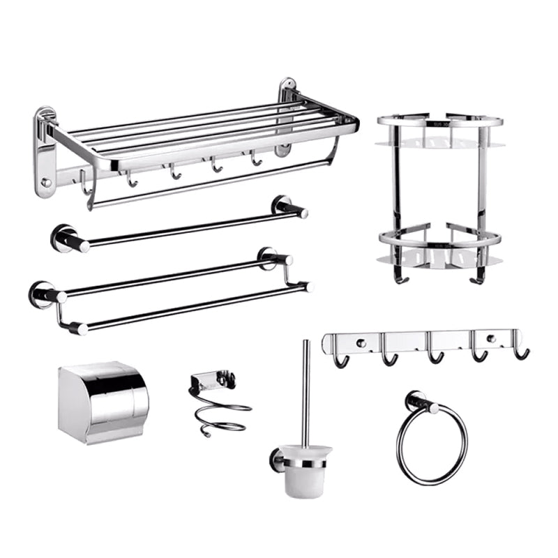 Contemporary Style Silver Metal Bathroom Accessory as Individual or as a Set Drill and Screw mount 9-Piece Set Clearhalo 'Bathroom Hardware Sets' 'Bathroom Hardware' 'Bathroom Remodel & Bathroom Fixtures' 'bathroom_hardware_sets' 'Home Improvement' 'home_improvement' 'home_improvement_bathroom_hardware_sets' 6998135