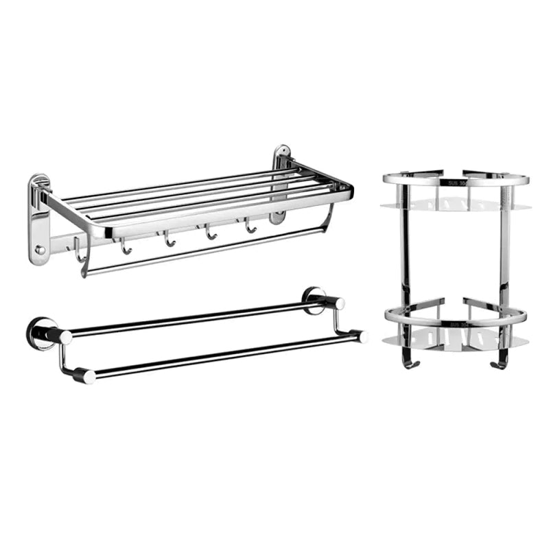 Contemporary Style Silver Metal Bathroom Accessory as Individual or as a Set Drill and Screw mount 3-Piece Set (Triangle Bath Shelf) Clearhalo 'Bathroom Hardware Sets' 'Bathroom Hardware' 'Bathroom Remodel & Bathroom Fixtures' 'bathroom_hardware_sets' 'Home Improvement' 'home_improvement' 'home_improvement_bathroom_hardware_sets' 6998136