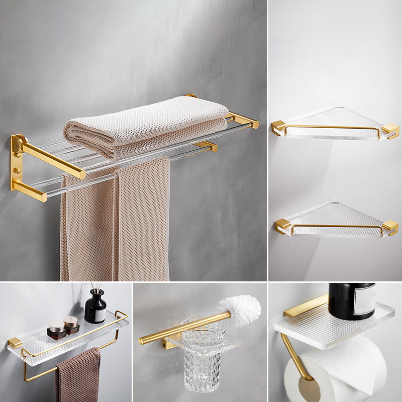 Bathroom Accessory Set in Gold Metal and Acrylic Bath Hardware Set 6-Piece Set Clearhalo 'Bathroom Hardware Sets' 'Bathroom Hardware' 'Bathroom Remodel & Bathroom Fixtures' 'bathroom_hardware_sets' 'Home Improvement' 'home_improvement' 'home_improvement_bathroom_hardware_sets' 6998161