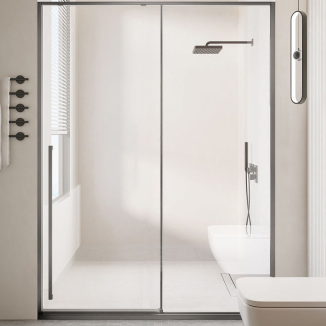 Semi Frameless Single Sliding Shower Door Tempered Glass Shower Door Gun Grey Right Clearhalo 'Bathroom Remodel & Bathroom Fixtures' 'Home Improvement' 'home_improvement' 'home_improvement_shower_tub_doors' 'Shower and Tub Doors' 'shower_tub_doors' 'Showers & Bathtubs' 6998584
