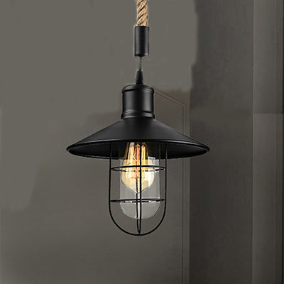 Black 1 Bulb Pendant Lighting Farmhouse Metal Flared Hanging Lamp with Wire Frame and Rope Cord Black Clearhalo 'Art Deco Pendants' 'Black' 'Cast Iron' 'Ceiling Lights' 'Ceramic' 'Crystal' 'Industrial Pendants' 'Industrial' 'Metal' 'Middle Century Pendants' 'Pendant Lights' 'Pendants' 'Rustic Pendants' 'Tiffany' Lighting' 6_957b096e-5b3a-43a1-b3d3-63c76b05b23b
