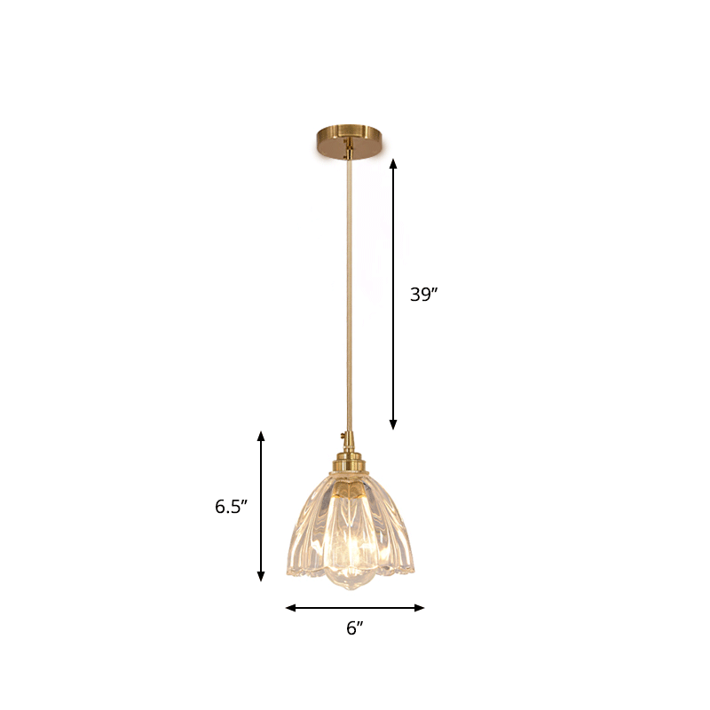 Flower Bud Shade Kitchen Bar Hanging Light Rural Clear Ridged Glass 1 Head Brass Suspension Pendant Clearhalo 'Ceiling Lights' 'Glass shade' 'Glass' 'Industrial Pendants' 'Industrial' 'Middle Century Pendants' 'Pendant Lights' 'Pendants' 'Tiffany' Lighting' 7