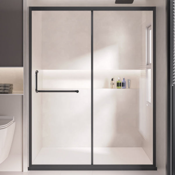 One-shaped Sliding Shower Doors Transparent Tempered Glass Shower Door Black Right Clearhalo 'Bathroom Remodel & Bathroom Fixtures' 'Home Improvement' 'home_improvement' 'home_improvement_shower_tub_doors' 'Shower and Tub Doors' 'shower_tub_doors' 'Showers & Bathtubs' 7007350