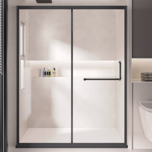One-shaped Sliding Shower Doors Transparent Tempered Glass Shower Door Black Left Clearhalo 'Bathroom Remodel & Bathroom Fixtures' 'Home Improvement' 'home_improvement' 'home_improvement_shower_tub_doors' 'Shower and Tub Doors' 'shower_tub_doors' 'Showers & Bathtubs' 7007352