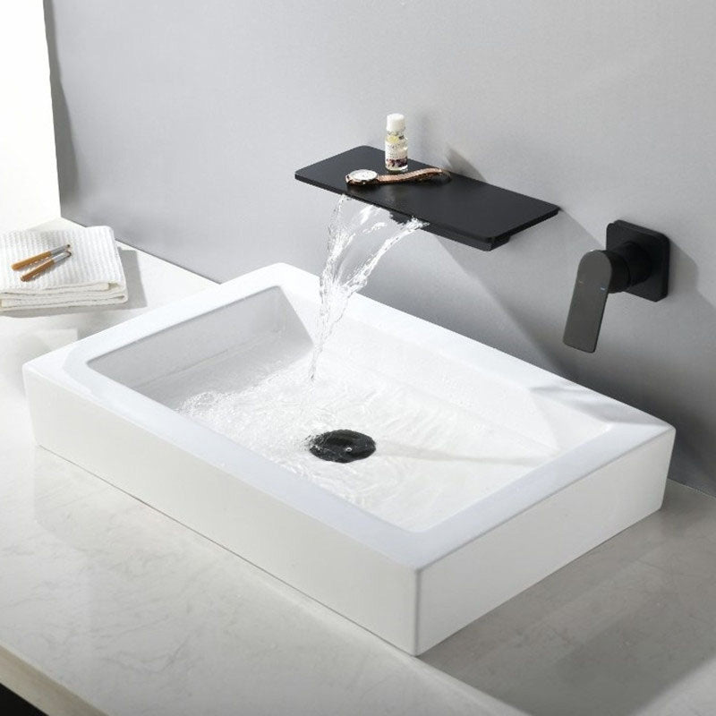 Modern Wall Mounted Bathroom Faucet Waterfall Spout Vessel Sink Faucet Black Clearhalo 'Bathroom Remodel & Bathroom Fixtures' 'Bathroom Sink Faucets' 'Bathroom Sinks & Faucet Components' 'bathroom_sink_faucets' 'Home Improvement' 'home_improvement' 'home_improvement_bathroom_sink_faucets' 7010682