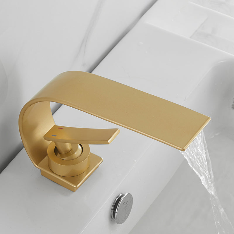 Bathroom Faucet Brass Waterfall Spout Lever Handle Washroom Sink Faucet Gold Clearhalo 'Bathroom Remodel & Bathroom Fixtures' 'Bathroom Sink Faucets' 'Bathroom Sinks & Faucet Components' 'bathroom_sink_faucets' 'Home Improvement' 'home_improvement' 'home_improvement_bathroom_sink_faucets' 7010720
