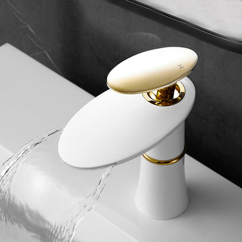 Modern Bathroom Sink Faucet Lever Handle Waterfall Spout Sink Faucet White-Gold 7.1" Clearhalo 'Bathroom Remodel & Bathroom Fixtures' 'Bathroom Sink Faucets' 'Bathroom Sinks & Faucet Components' 'bathroom_sink_faucets' 'Home Improvement' 'home_improvement' 'home_improvement_bathroom_sink_faucets' 7010743