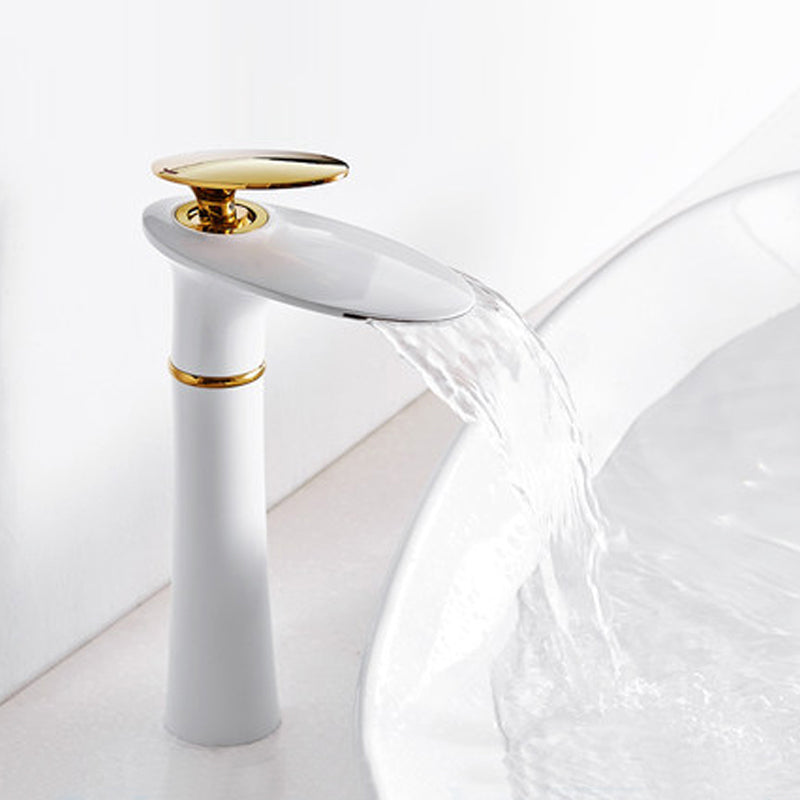 Modern Bathroom Sink Faucet Lever Handle Waterfall Spout Sink Faucet White-Gold 11" Clearhalo 'Bathroom Remodel & Bathroom Fixtures' 'Bathroom Sink Faucets' 'Bathroom Sinks & Faucet Components' 'bathroom_sink_faucets' 'Home Improvement' 'home_improvement' 'home_improvement_bathroom_sink_faucets' 7010751