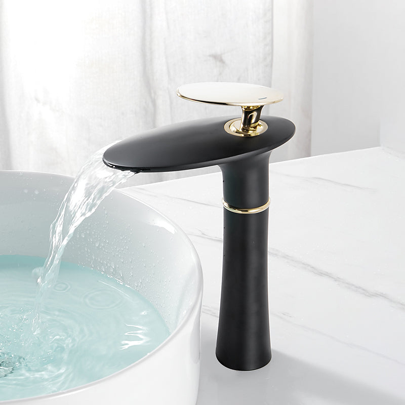 Modern Bathroom Sink Faucet Lever Handle Waterfall Spout Sink Faucet Black-Gold 11" Clearhalo 'Bathroom Remodel & Bathroom Fixtures' 'Bathroom Sink Faucets' 'Bathroom Sinks & Faucet Components' 'bathroom_sink_faucets' 'Home Improvement' 'home_improvement' 'home_improvement_bathroom_sink_faucets' 7010753