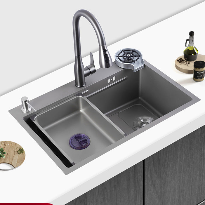 Grey Kitchen Sink Cutting Board Single Bowl Stainless Steel Top-Mount Kitchen Sink 29.5"L x 17.7"W x 8.3"H Sink with Faucet Pull Out Faucet & Soap Dispenser & Cup Washer Clearhalo 'Home Improvement' 'home_improvement' 'home_improvement_kitchen_sinks' 'Kitchen Remodel & Kitchen Fixtures' 'Kitchen Sinks & Faucet Components' 'Kitchen Sinks' 'kitchen_sinks' 7010876