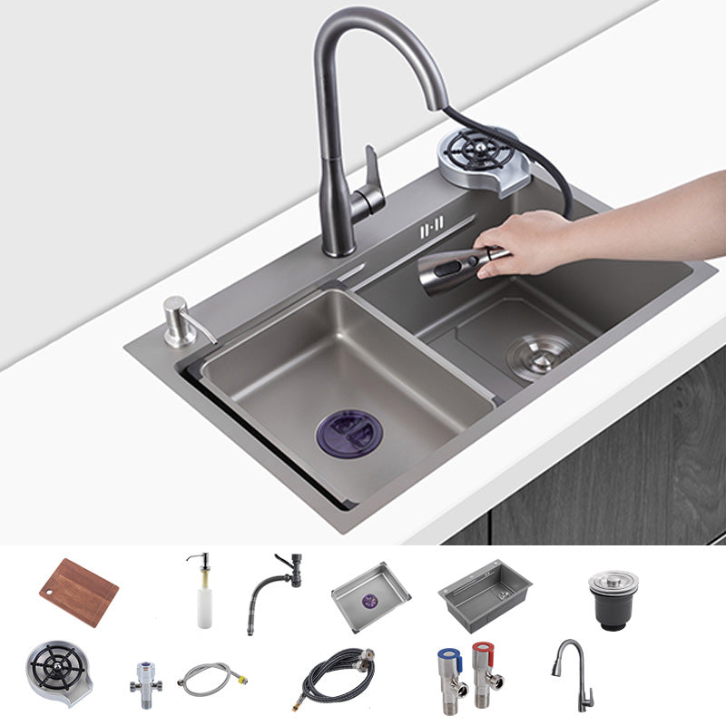 Grey Kitchen Sink Cutting Board Single Bowl Stainless Steel Top-Mount Kitchen Sink Sink with Faucet Pull Out Faucet & Soap Dispenser & Cup Washer Clearhalo 'Home Improvement' 'home_improvement' 'home_improvement_kitchen_sinks' 'Kitchen Remodel & Kitchen Fixtures' 'Kitchen Sinks & Faucet Components' 'Kitchen Sinks' 'kitchen_sinks' 7010880