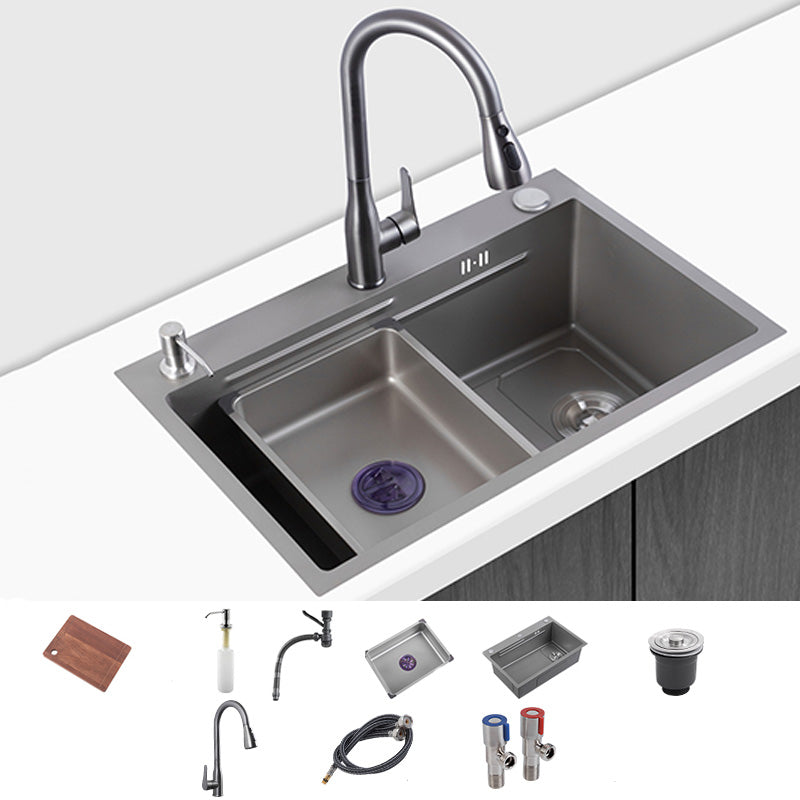 Grey Kitchen Sink Cutting Board Single Bowl Stainless Steel Top-Mount Kitchen Sink Sink with Faucet Pull Out Faucet Clearhalo 'Home Improvement' 'home_improvement' 'home_improvement_kitchen_sinks' 'Kitchen Remodel & Kitchen Fixtures' 'Kitchen Sinks & Faucet Components' 'Kitchen Sinks' 'kitchen_sinks' 7010882