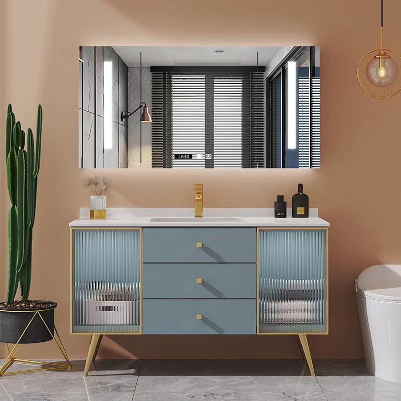 Freestanding Bathroom Vanity Blue Wood Frame Single Sink Rectangular Vanity with 3 Drawers Clearhalo 'Bathroom Remodel & Bathroom Fixtures' 'Bathroom Vanities' 'bathroom_vanities' 'Home Improvement' 'home_improvement' 'home_improvement_bathroom_vanities' 7011187