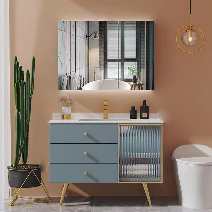 Freestanding Bathroom Vanity Blue Wood Frame Single Sink Rectangular Vanity with 3 Drawers Vanity & Faucet & Mirror Cabinet 27.5"L x 20"W x 35"H Clearhalo 'Bathroom Remodel & Bathroom Fixtures' 'Bathroom Vanities' 'bathroom_vanities' 'Home Improvement' 'home_improvement' 'home_improvement_bathroom_vanities' 7011189