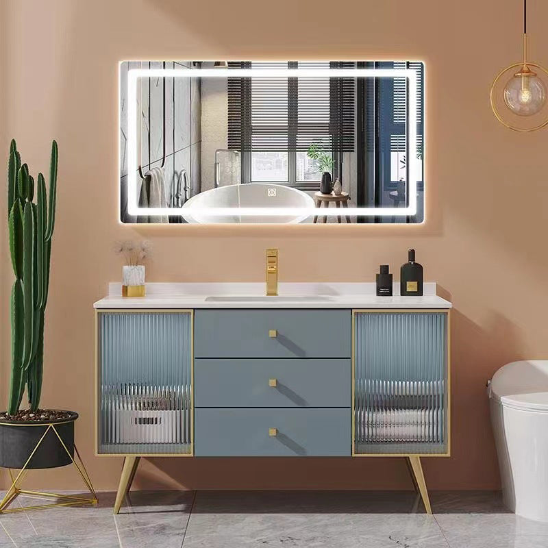 Freestanding Bathroom Vanity Blue Wood Frame Single Sink Rectangular Vanity with 3 Drawers Clearhalo 'Bathroom Remodel & Bathroom Fixtures' 'Bathroom Vanities' 'bathroom_vanities' 'Home Improvement' 'home_improvement' 'home_improvement_bathroom_vanities' 7011190