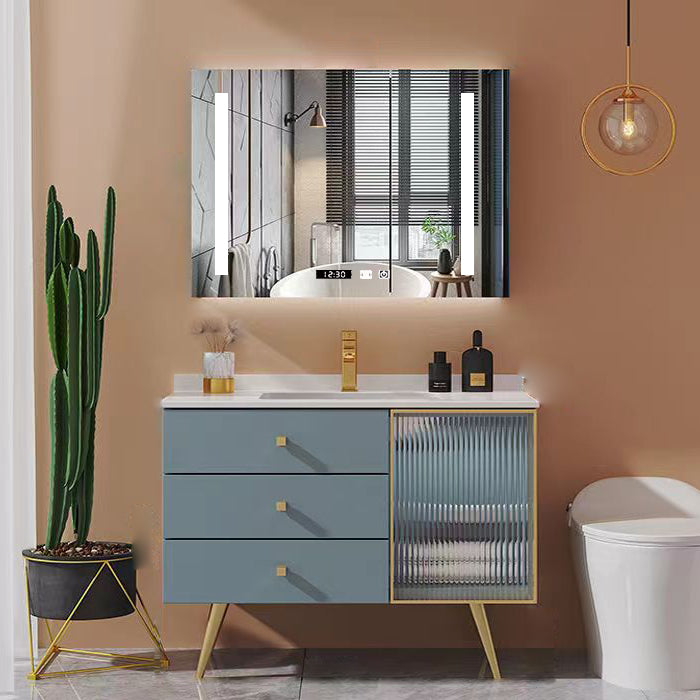 Freestanding Bathroom Vanity Blue Wood Frame Single Sink Rectangular Vanity with 3 Drawers Vanity & Faucet & Smart Medicine Cabinet 27.5"L x 20"W x 35"H Clearhalo 'Bathroom Remodel & Bathroom Fixtures' 'Bathroom Vanities' 'bathroom_vanities' 'Home Improvement' 'home_improvement' 'home_improvement_bathroom_vanities' 7011199