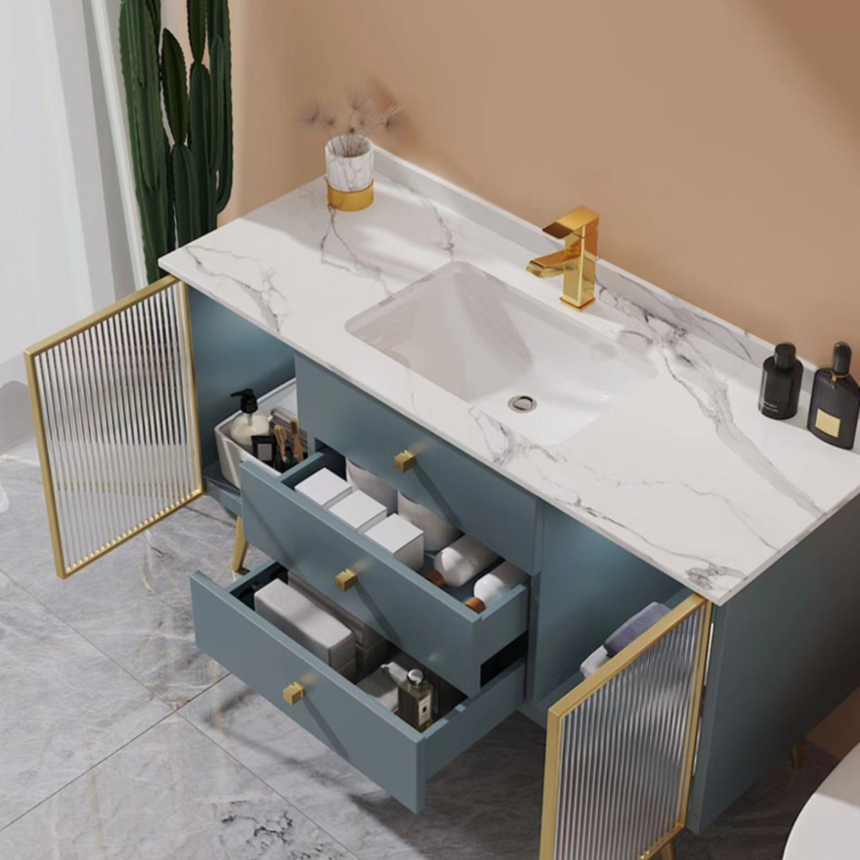 Freestanding Bathroom Vanity Blue Wood Frame Single Sink Rectangular Vanity with 3 Drawers Clearhalo 'Bathroom Remodel & Bathroom Fixtures' 'Bathroom Vanities' 'bathroom_vanities' 'Home Improvement' 'home_improvement' 'home_improvement_bathroom_vanities' 7011202