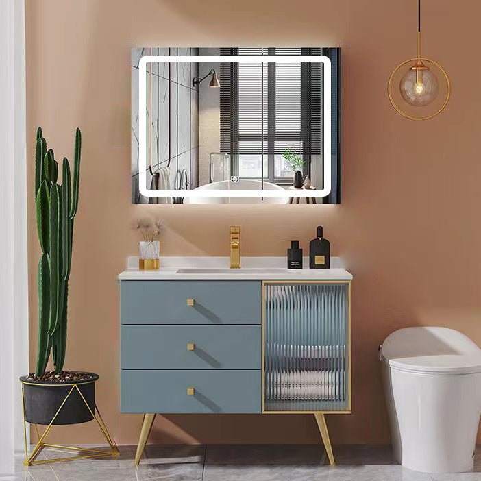Freestanding Bathroom Vanity Blue Wood Frame Single Sink Rectangular Vanity with 3 Drawers Vanity & Faucet & Smart Mirror 31"L x 20"W x 31"H Clearhalo 'Bathroom Remodel & Bathroom Fixtures' 'Bathroom Vanities' 'bathroom_vanities' 'Home Improvement' 'home_improvement' 'home_improvement_bathroom_vanities' 7011207