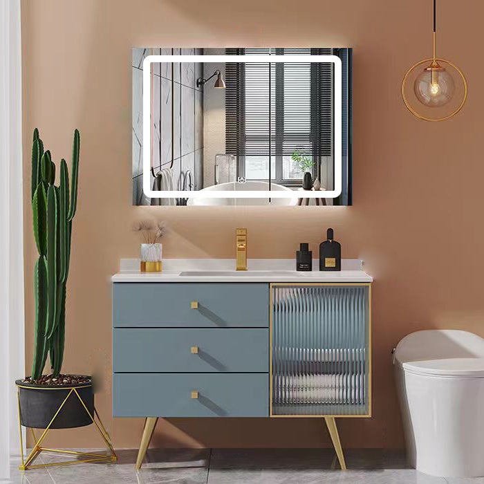 Freestanding Bathroom Vanity Blue Wood Frame Single Sink Rectangular Vanity with 3 Drawers Vanity & Faucet & Smart Mirror 27.5"L x 20"W x 35"H Clearhalo 'Bathroom Remodel & Bathroom Fixtures' 'Bathroom Vanities' 'bathroom_vanities' 'Home Improvement' 'home_improvement' 'home_improvement_bathroom_vanities' 7011208