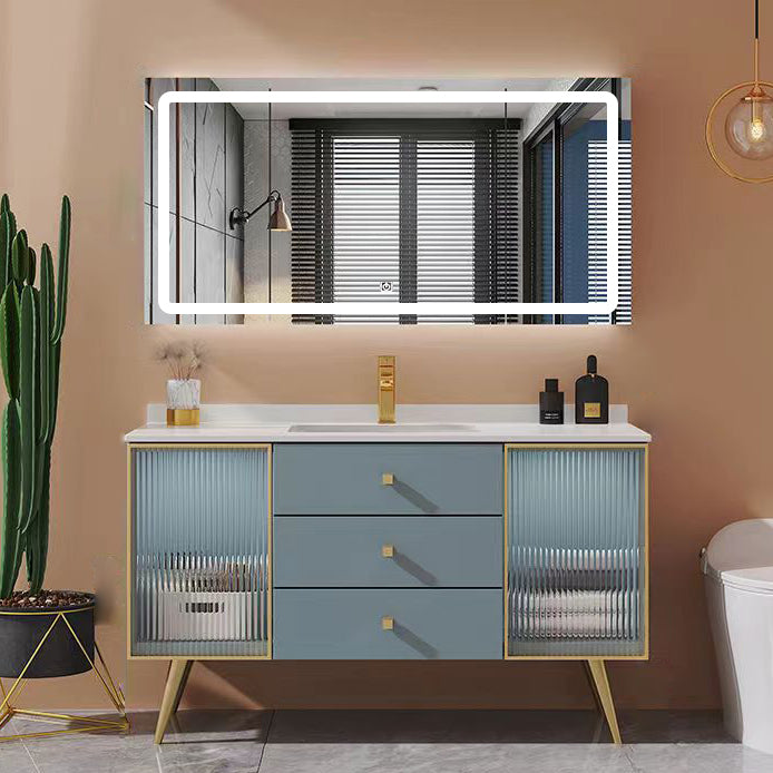 Freestanding Bathroom Vanity Blue Wood Frame Single Sink Rectangular Vanity with 3 Drawers Vanity & Faucet & Smart Mirror 43"L x 20"W x 31.5"H Clearhalo 'Bathroom Remodel & Bathroom Fixtures' 'Bathroom Vanities' 'bathroom_vanities' 'Home Improvement' 'home_improvement' 'home_improvement_bathroom_vanities' 7011210