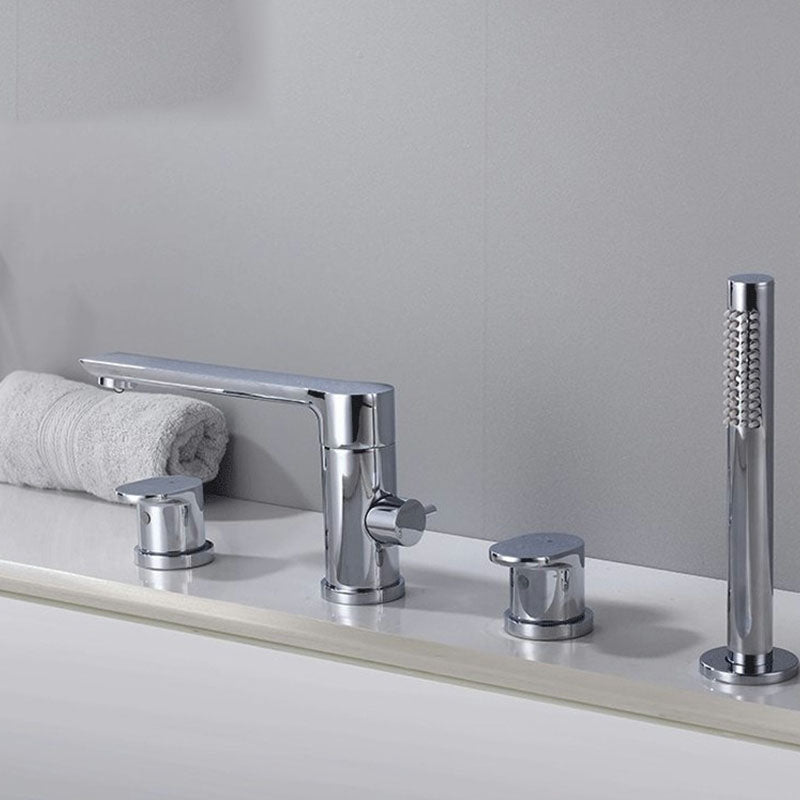 Deck Mounted Copper Roman Tub Faucet Low Arc Roman Tub Faucet Set with Hand Shower Clearhalo 'Bathroom Remodel & Bathroom Fixtures' 'Bathtub Faucets' 'bathtub_faucets' 'Home Improvement' 'home_improvement' 'home_improvement_bathtub_faucets' 7011468