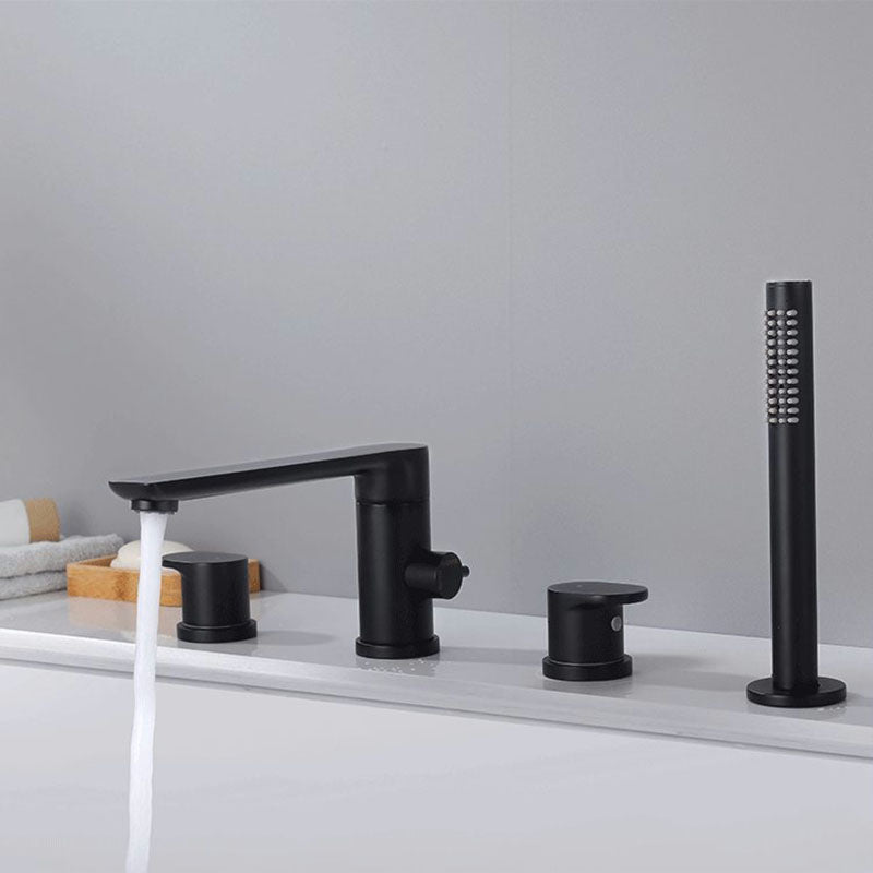 Deck Mounted Copper Roman Tub Faucet Low Arc Roman Tub Faucet Set with Hand Shower Black Round 4 Hole Faucets Clearhalo 'Bathroom Remodel & Bathroom Fixtures' 'Bathtub Faucets' 'bathtub_faucets' 'Home Improvement' 'home_improvement' 'home_improvement_bathtub_faucets' 7011470