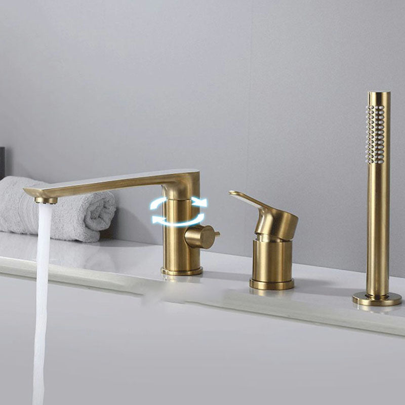 Deck Mounted Copper Roman Tub Faucet Low Arc Roman Tub Faucet Set with Hand Shower Clearhalo 'Bathroom Remodel & Bathroom Fixtures' 'Bathtub Faucets' 'bathtub_faucets' 'Home Improvement' 'home_improvement' 'home_improvement_bathtub_faucets' 7011471
