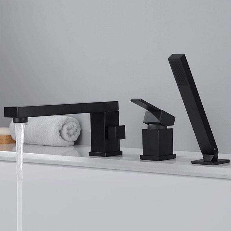 Deck Mounted Copper Roman Tub Faucet Low Arc Roman Tub Faucet Set with Hand Shower Black Square 3 Hole Faucets Clearhalo 'Bathroom Remodel & Bathroom Fixtures' 'Bathtub Faucets' 'bathtub_faucets' 'Home Improvement' 'home_improvement' 'home_improvement_bathtub_faucets' 7011472