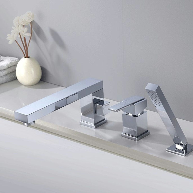 Deck Mounted Copper Roman Tub Faucet Low Arc Roman Tub Faucet Set with Hand Shower Clearhalo 'Bathroom Remodel & Bathroom Fixtures' 'Bathtub Faucets' 'bathtub_faucets' 'Home Improvement' 'home_improvement' 'home_improvement_bathtub_faucets' 7011473