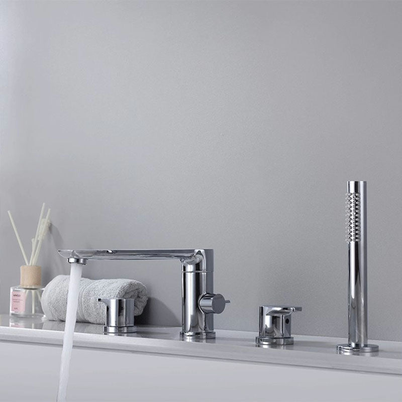 Deck Mounted Copper Roman Tub Faucet Low Arc Roman Tub Faucet Set with Hand Shower Chrome Round 4 Hole Faucets Clearhalo 'Bathroom Remodel & Bathroom Fixtures' 'Bathtub Faucets' 'bathtub_faucets' 'Home Improvement' 'home_improvement' 'home_improvement_bathtub_faucets' 7011479