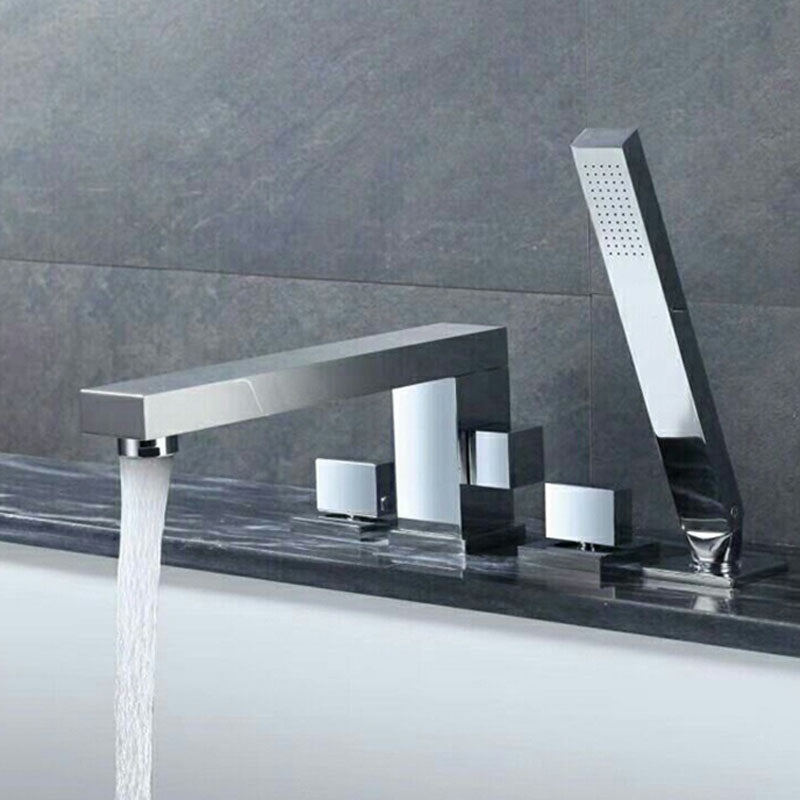 Deck Mounted Copper Roman Tub Faucet Low Arc Roman Tub Faucet Set with Hand Shower Chrome Square 4 Hole Faucets Clearhalo 'Bathroom Remodel & Bathroom Fixtures' 'Bathtub Faucets' 'bathtub_faucets' 'Home Improvement' 'home_improvement' 'home_improvement_bathtub_faucets' 7011483