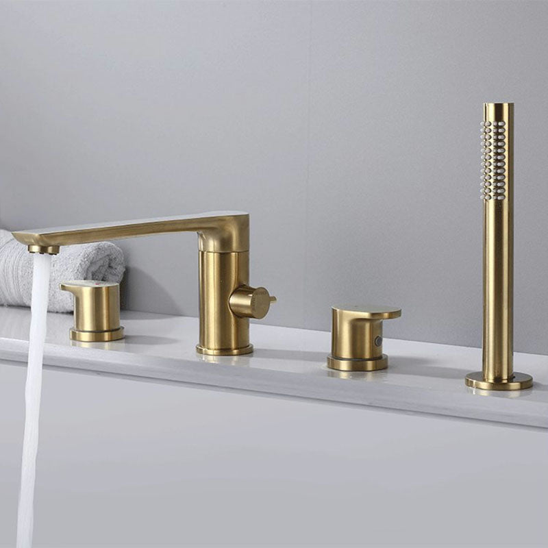 Deck Mounted Copper Roman Tub Faucet Low Arc Roman Tub Faucet Set with Hand Shower Gold Round 4 Hole Faucets Clearhalo 'Bathroom Remodel & Bathroom Fixtures' 'Bathtub Faucets' 'bathtub_faucets' 'Home Improvement' 'home_improvement' 'home_improvement_bathtub_faucets' 7011486