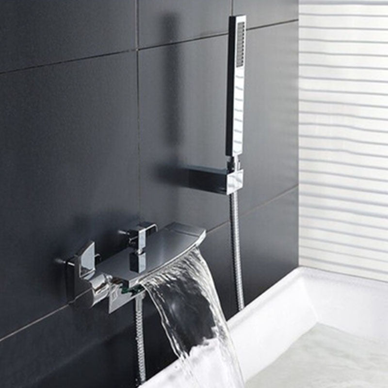 Wall Mounted Metal Tub Filler Double Handles Waterfall Faucet Silver Hand Shower Included Clearhalo 'Bathroom Remodel & Bathroom Fixtures' 'Bathtub Faucets' 'bathtub_faucets' 'Home Improvement' 'home_improvement' 'home_improvement_bathtub_faucets' 7011515