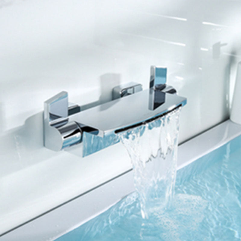 Wall Mounted Metal Tub Filler Double Handles Waterfall Faucet Silver Hand Shower Not Included Clearhalo 'Bathroom Remodel & Bathroom Fixtures' 'Bathtub Faucets' 'bathtub_faucets' 'Home Improvement' 'home_improvement' 'home_improvement_bathtub_faucets' 7011516
